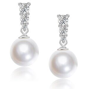 925 Sterling Silver Simulated Pearl and Diamond Drop Earrings